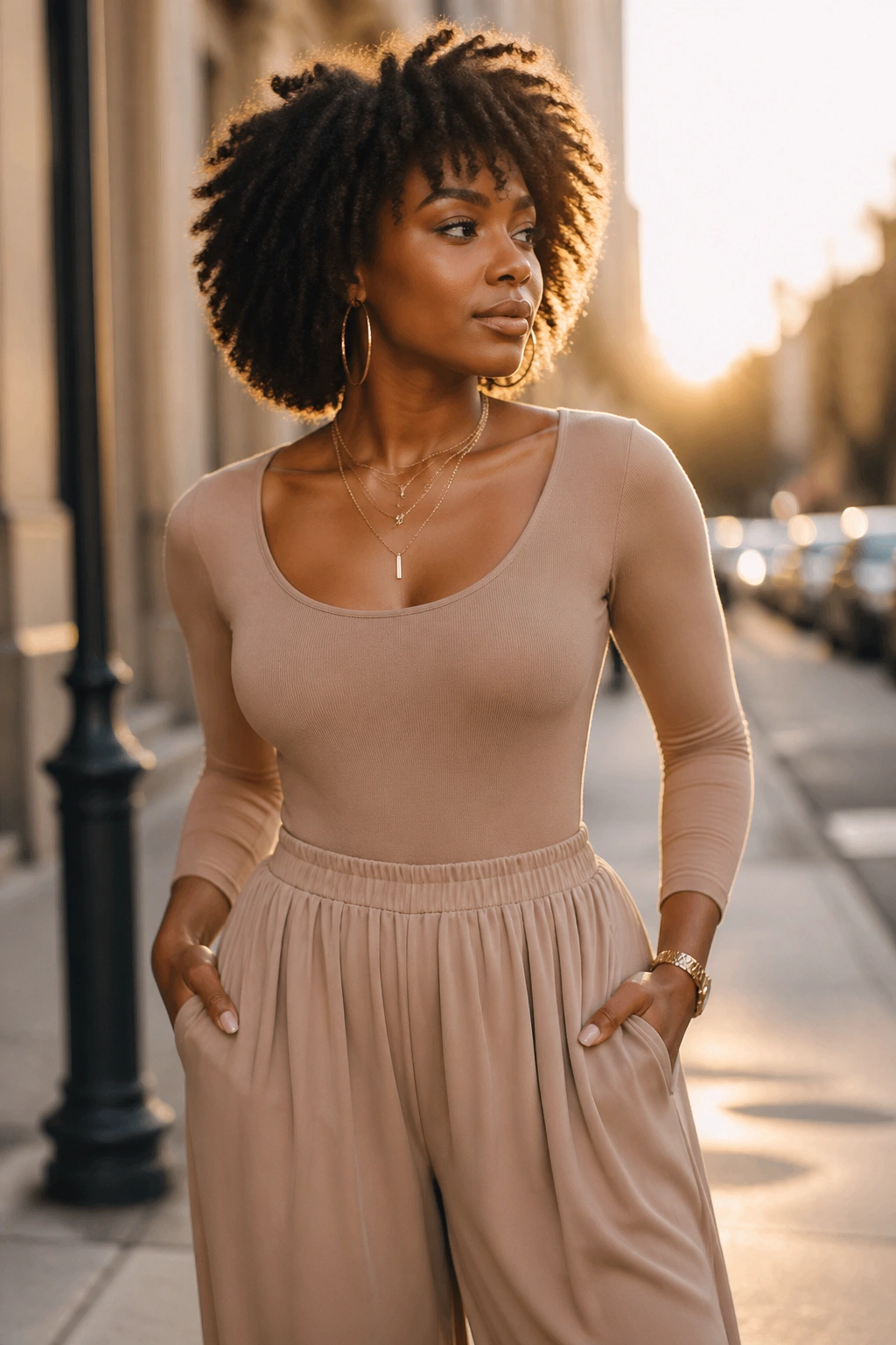 Three-quarter portrait of a woman in fitted bodysuit with flowy pants at golden hour