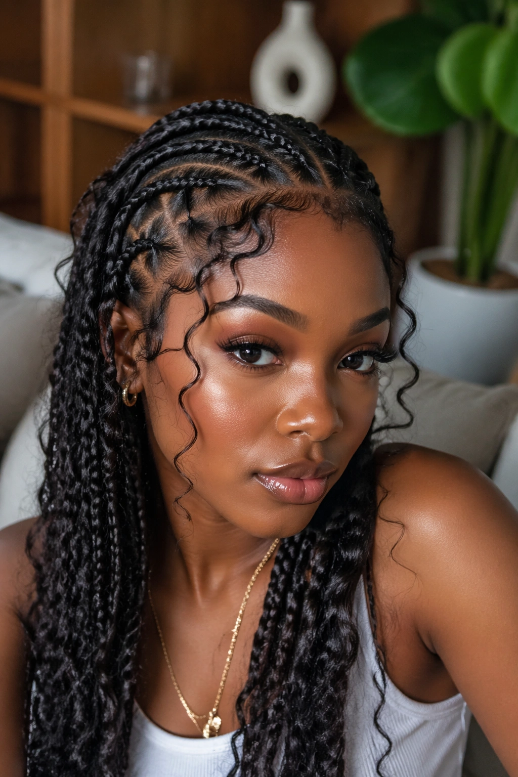 Close-up portrait of a real Black woman with curly baby hairs and bohemian cornrows along the hairline.
