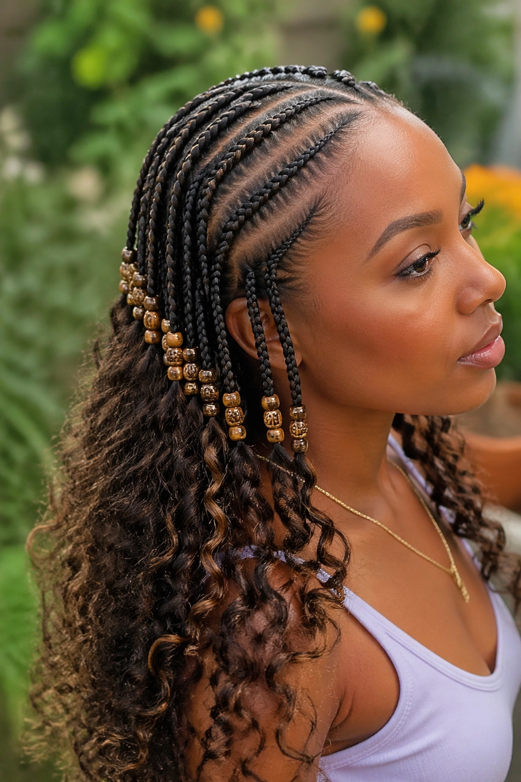 Portrait of a woman with beads at the crown of bohemian cornrows.