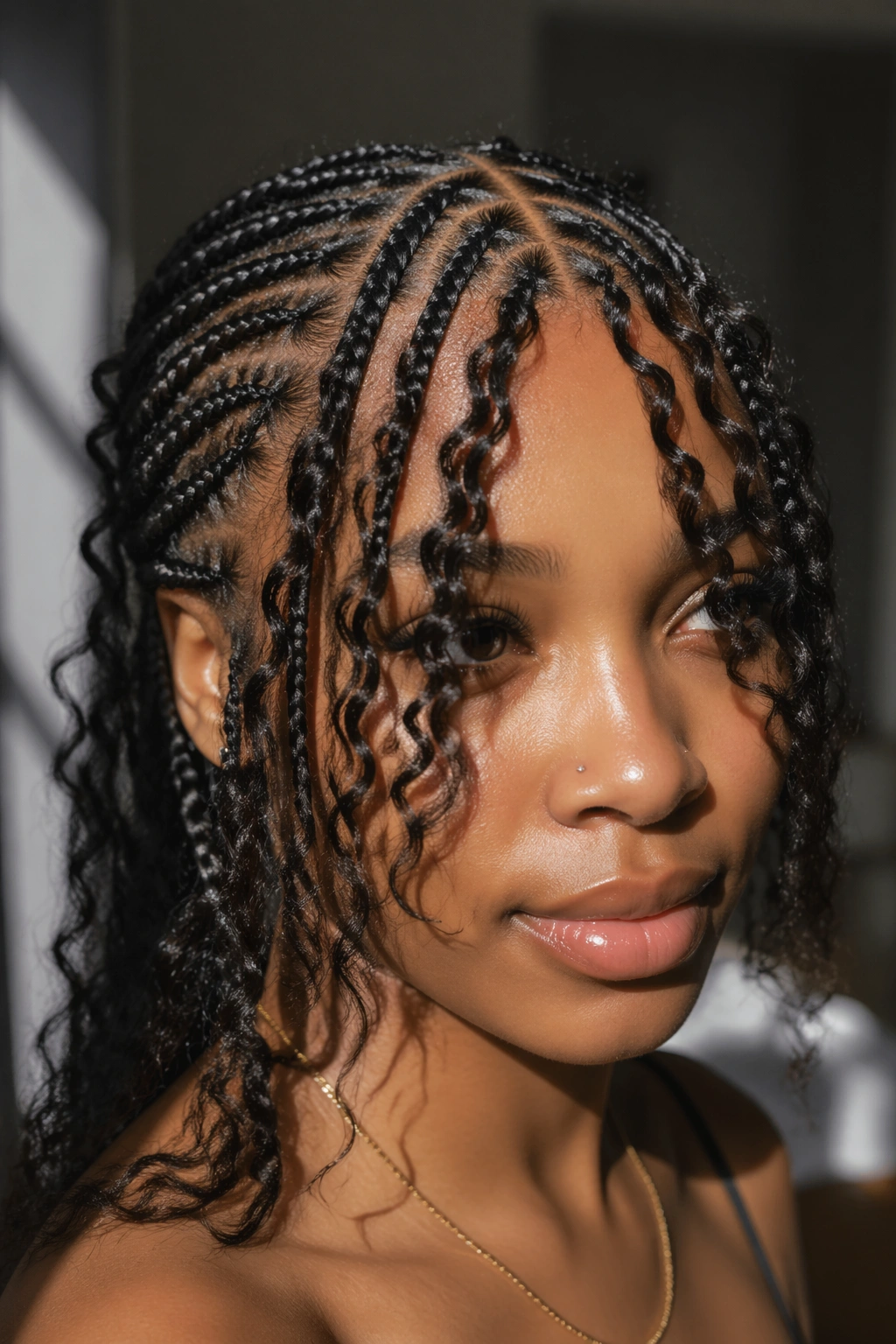 Portrait of a woman with curtain bangs and bohemian cornrows framing the face.