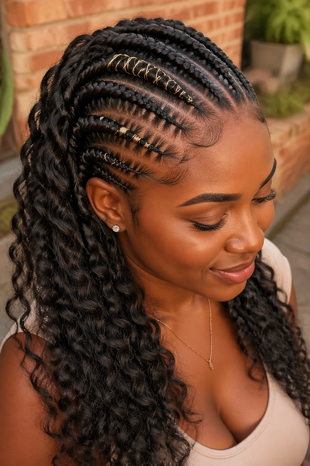 Close-up of a woman with gold thread-wrapped cornrows at the roots.