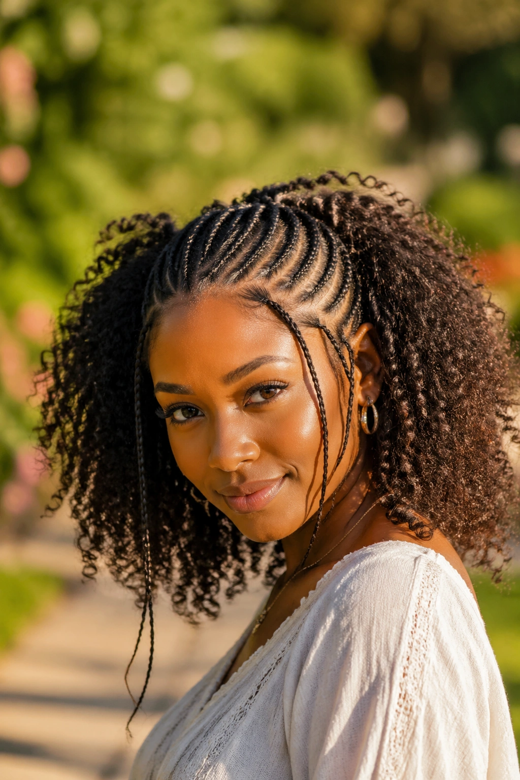 Close-up of a real woman with top cornrows and loose natural hair at the sides