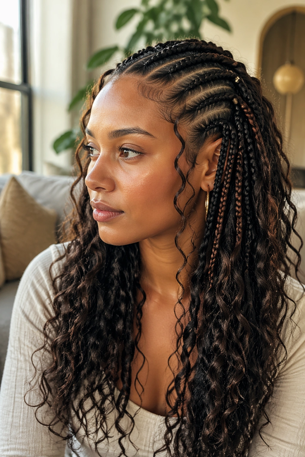 Close-up of a real woman's bohemian cornrows with loose curls woven into the braids