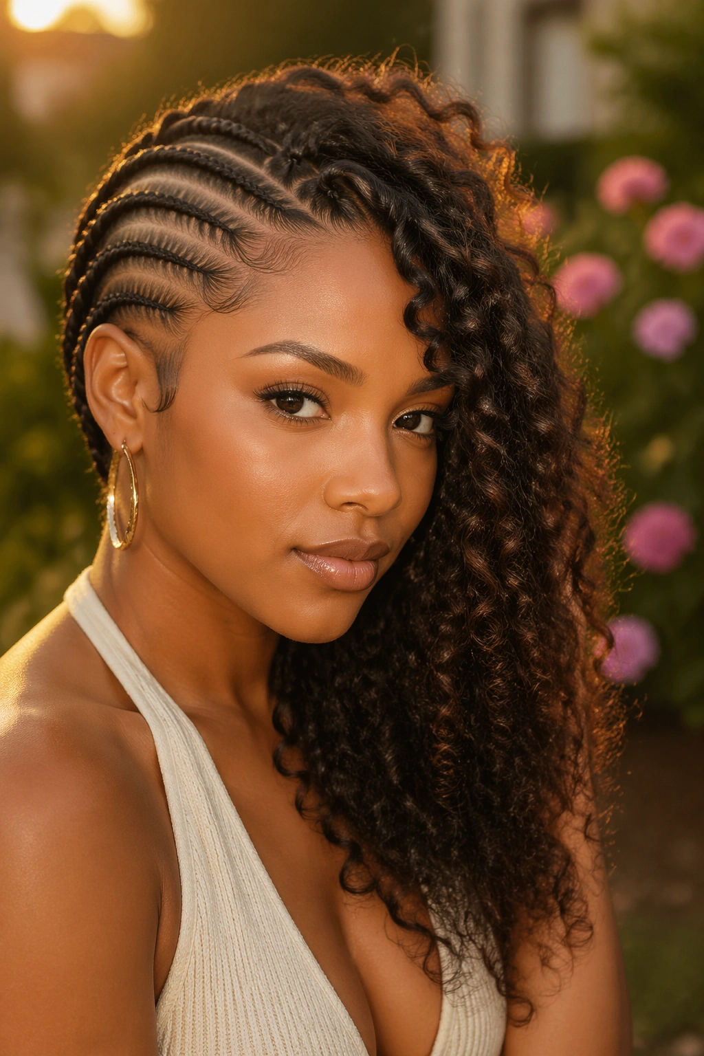 Portrait of a woman with side-swept bohemian cornrows and curls cascading over the shoulder.