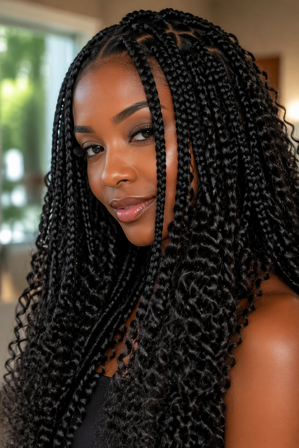 Close-up of a real woman with bohemian crochet box braids and curly extensions