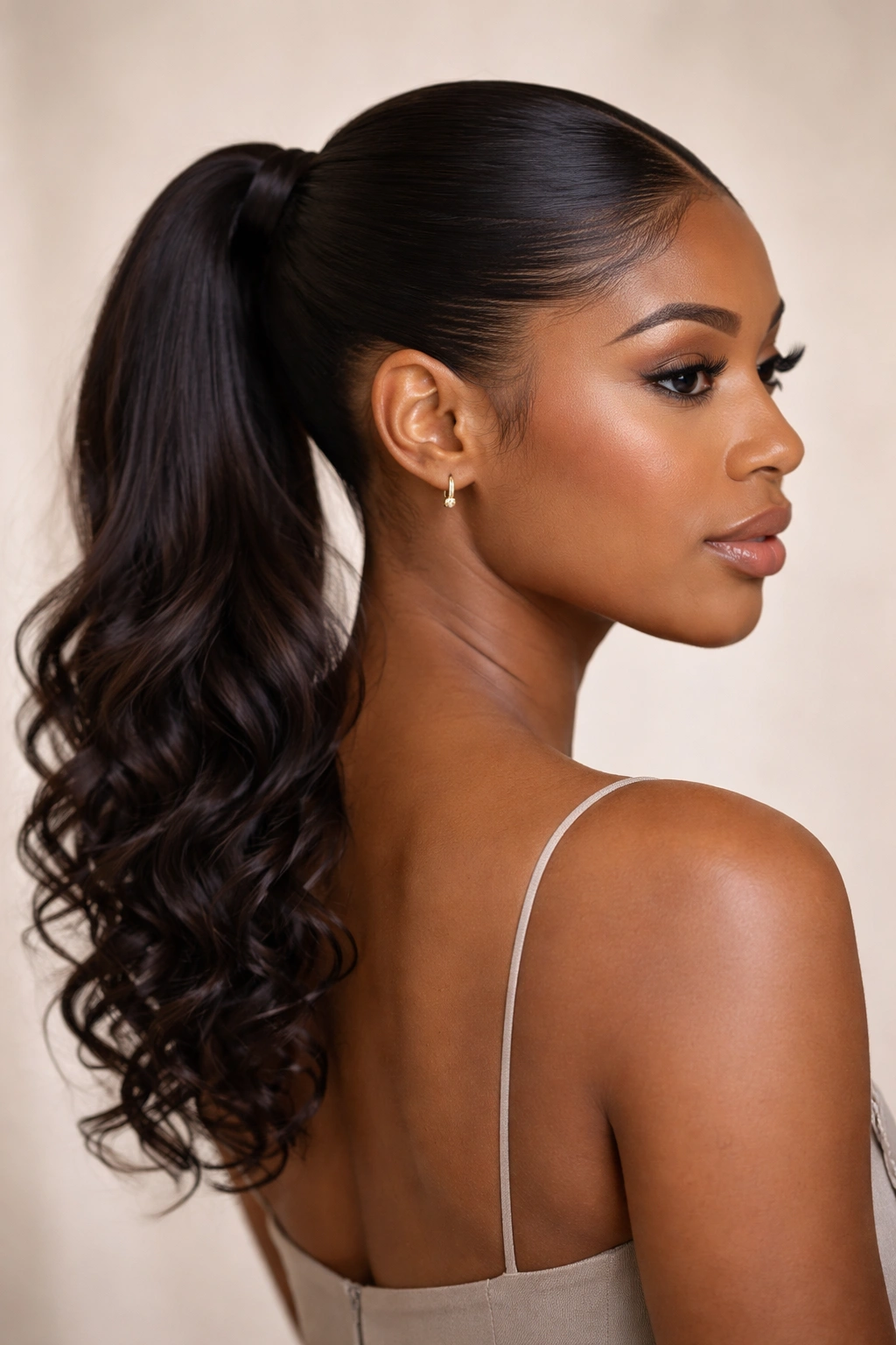 Ponytail with loose curls at the nape creating a Bohemian contrast against a sleek top
