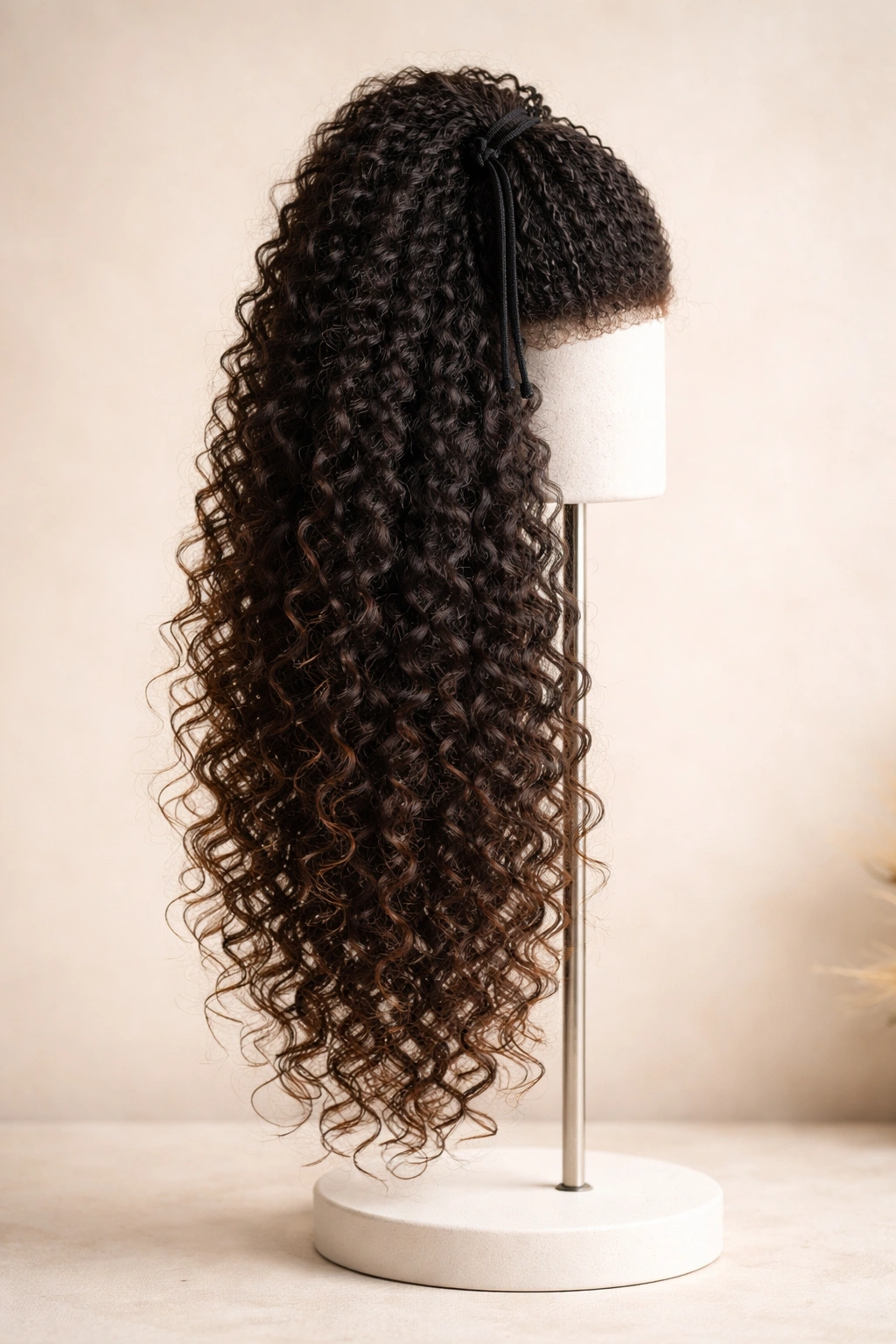 Close-up of Bohemian Curly Drawstring ponytail extension with tight coils and loose waves on neutral studio background