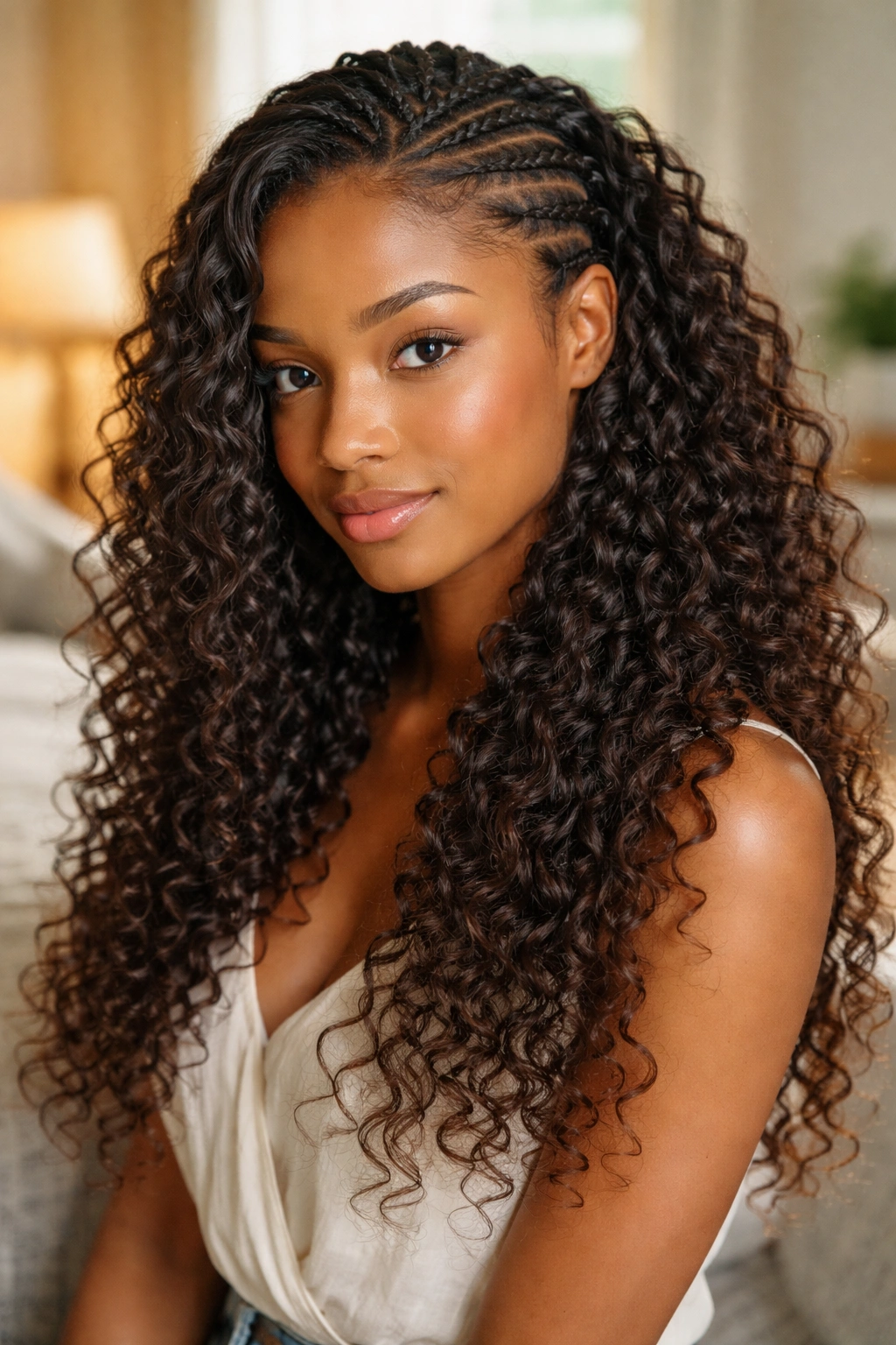 Real person with bohemian curly weave and small loose front piece