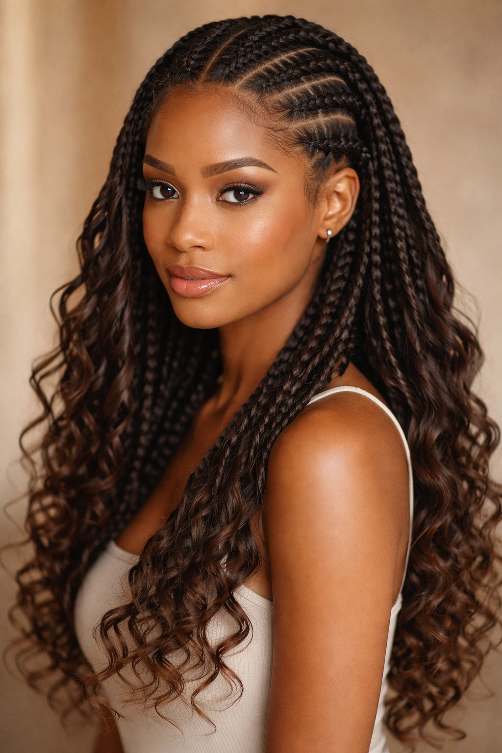 Bohemian feed-in braids with curls and clean scalp transition