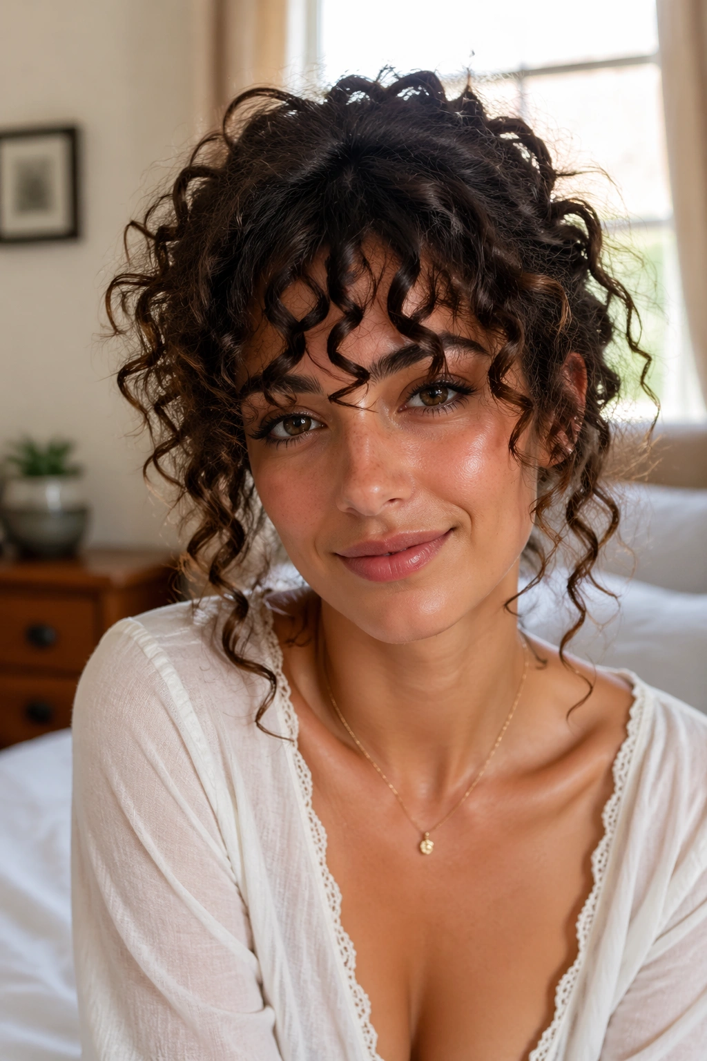 Close-up portrait of a real woman showing a bohemian fringe with natural curls framing her face.