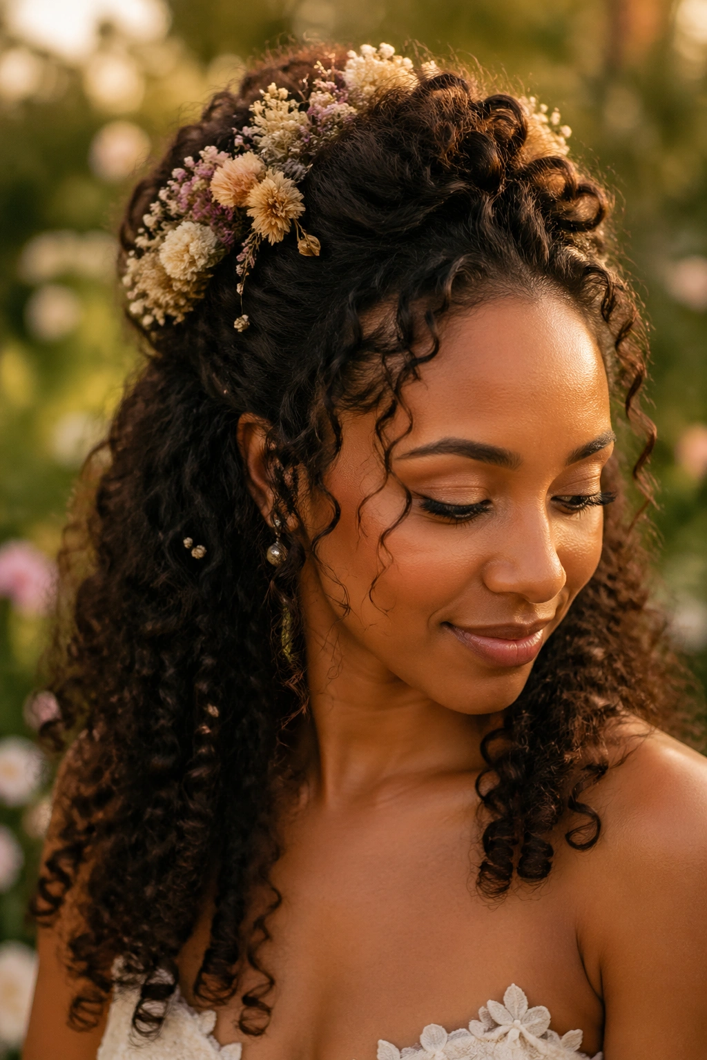 Close-up of a bride with a Bohemian half-up hairstyle adorned with dried flowers in a garden setting
