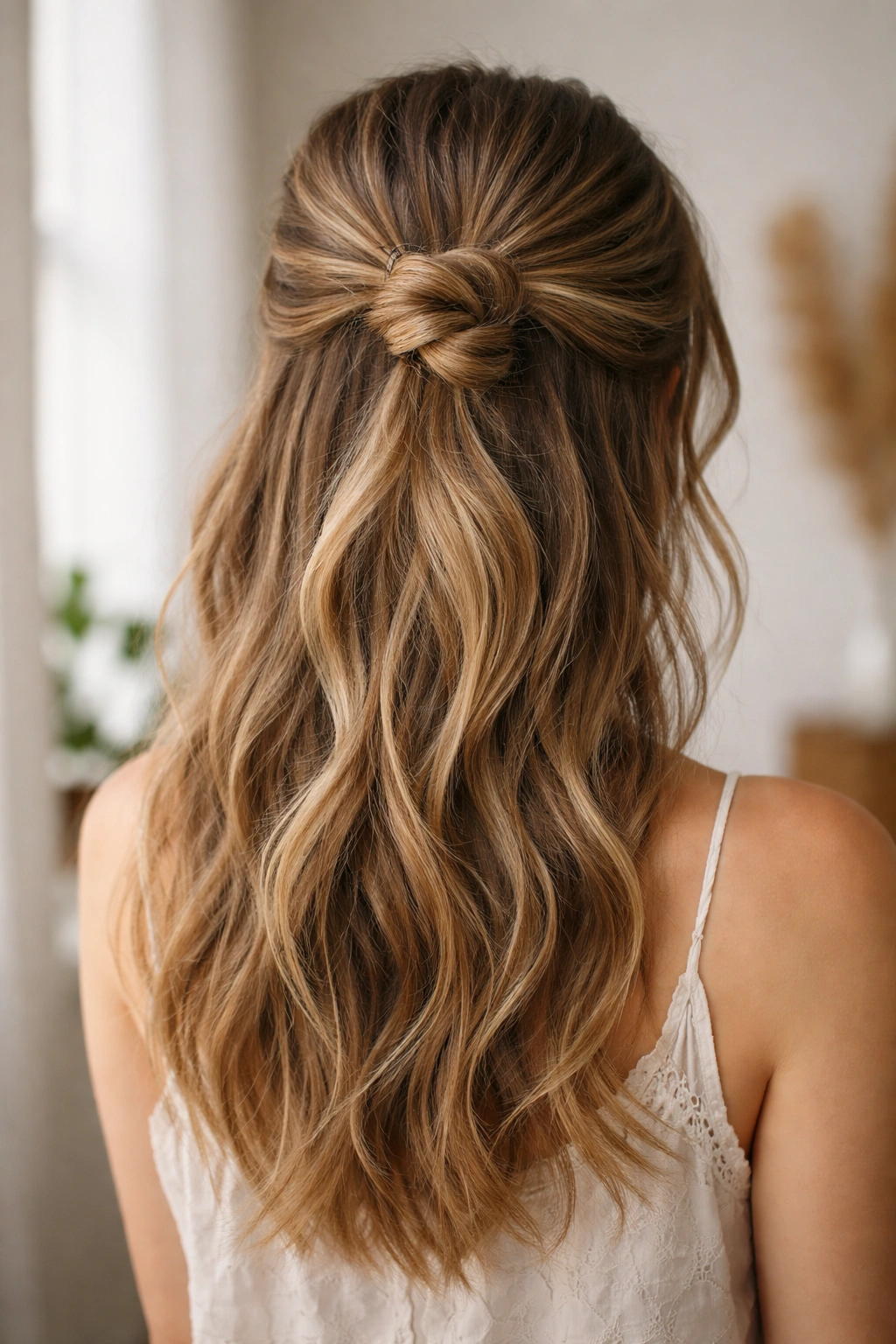 Bohemian half-up knot with top section twisted into a knot and long hair down