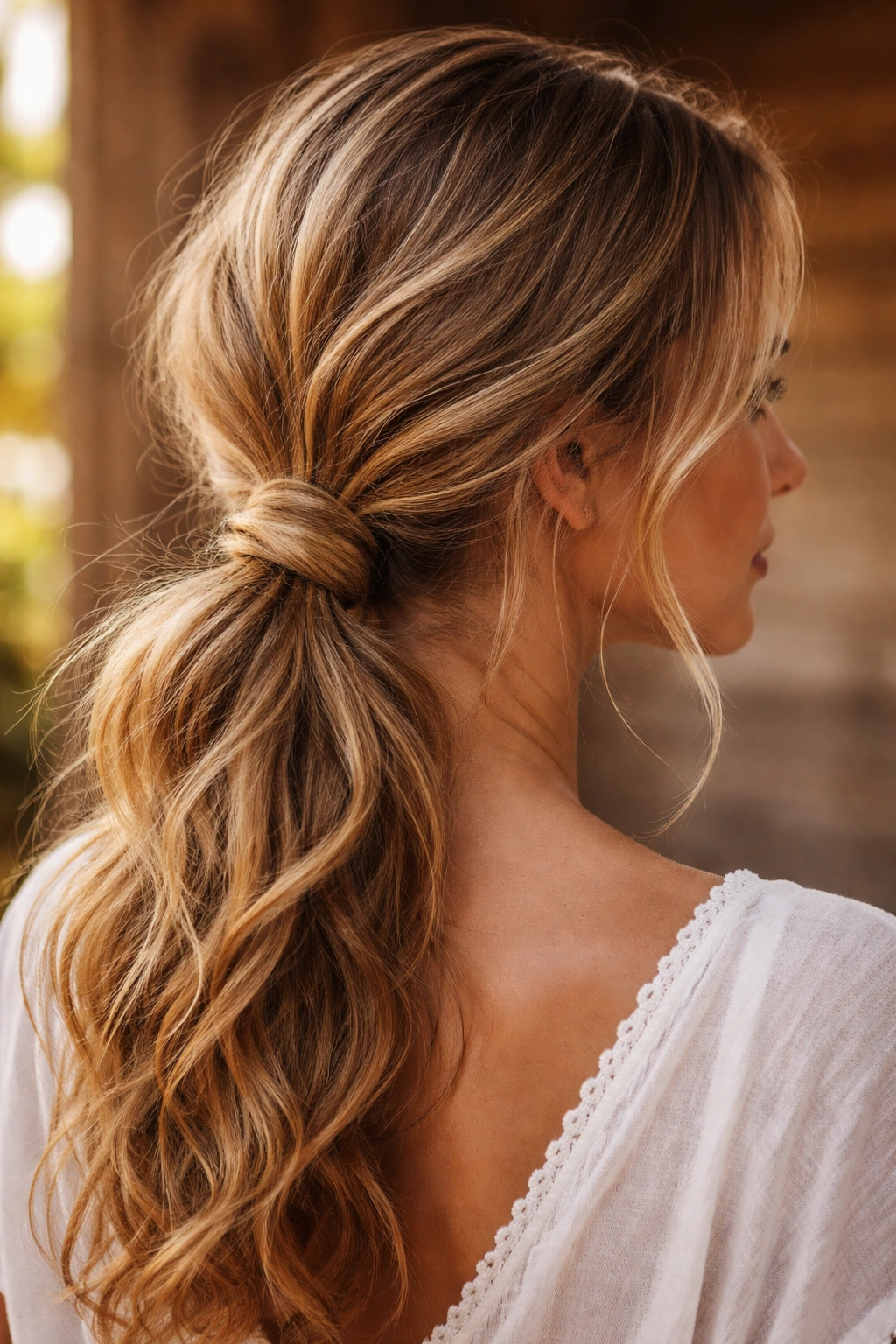 Low ponytail formed into a loose knot at the nape with elastic tucked beneath