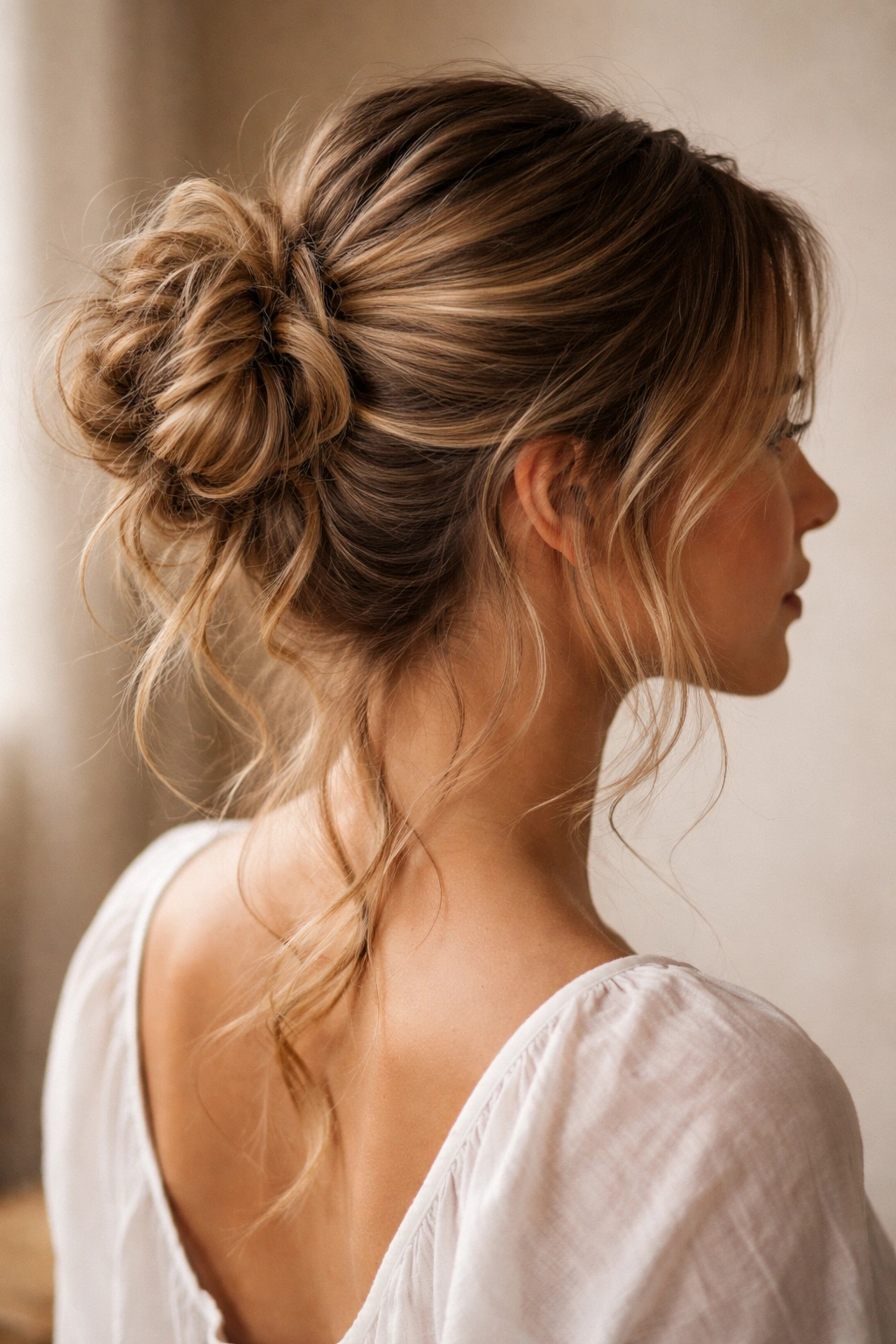 Loose bohemian messy knot with waves and strands escaping