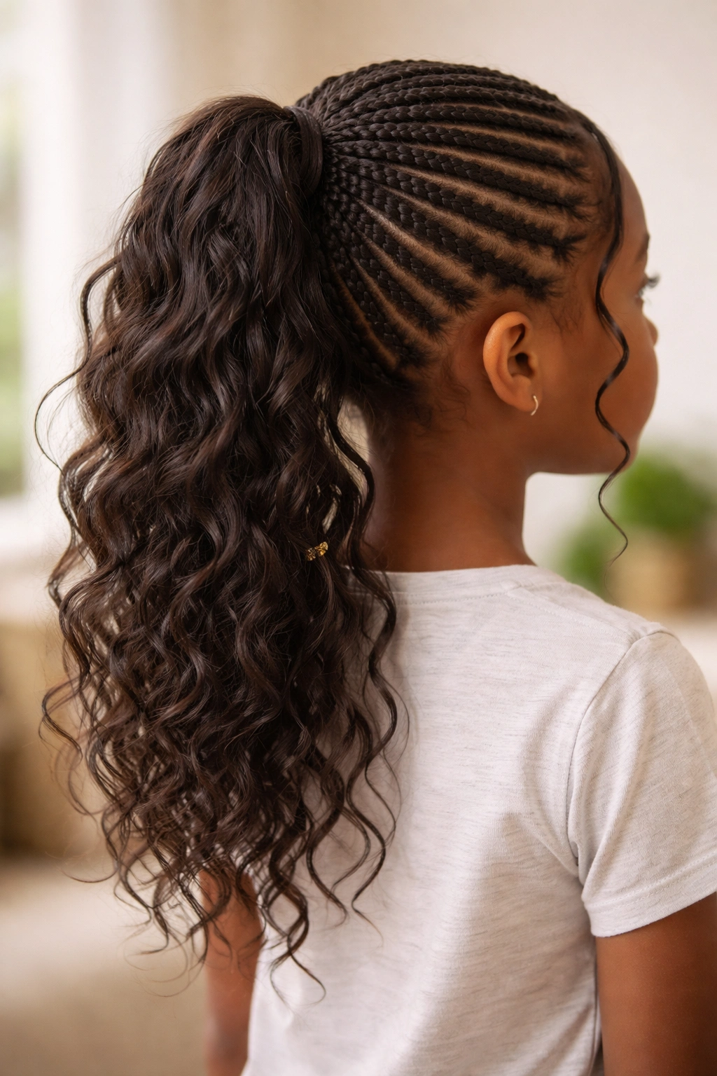 Bohemian knotless braided base pony with loose curls