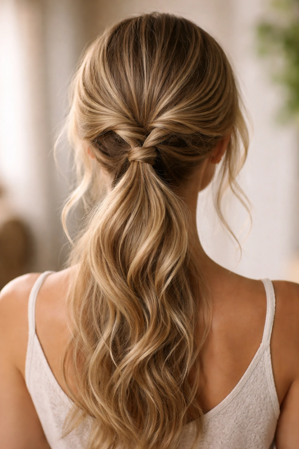 Back view of bohemian knotted pony with two knots and low pony
