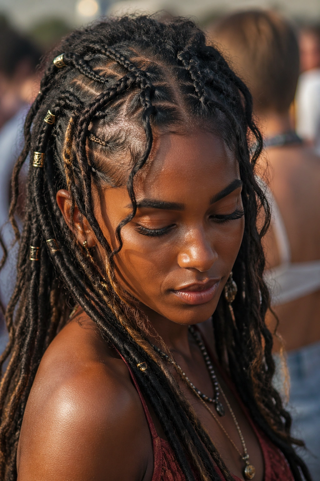 Close-up of a real woman with bohemian Marley cornrows in festival sunlight