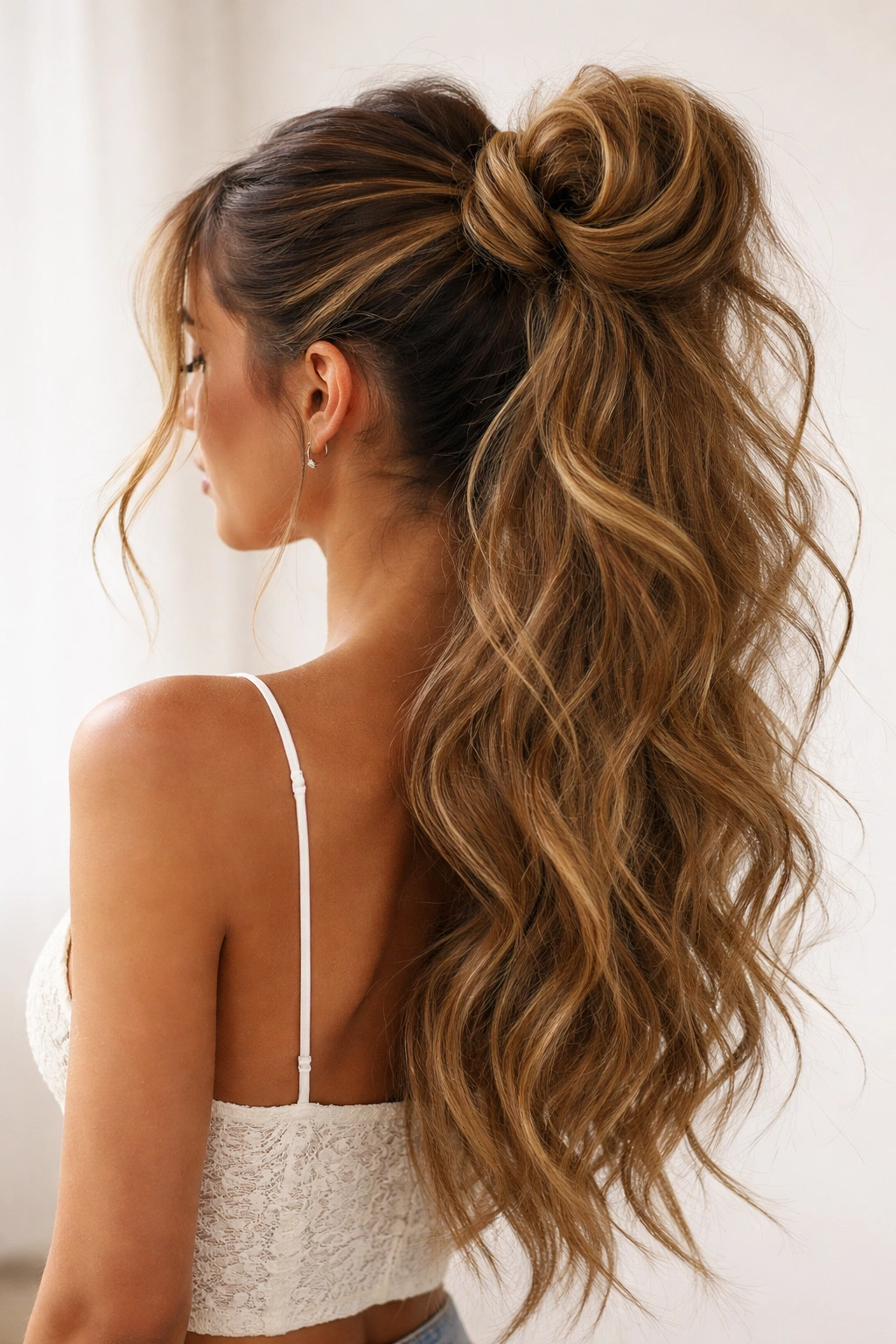 High ponytail with loop-bun and long, wispy ends from a weave extension