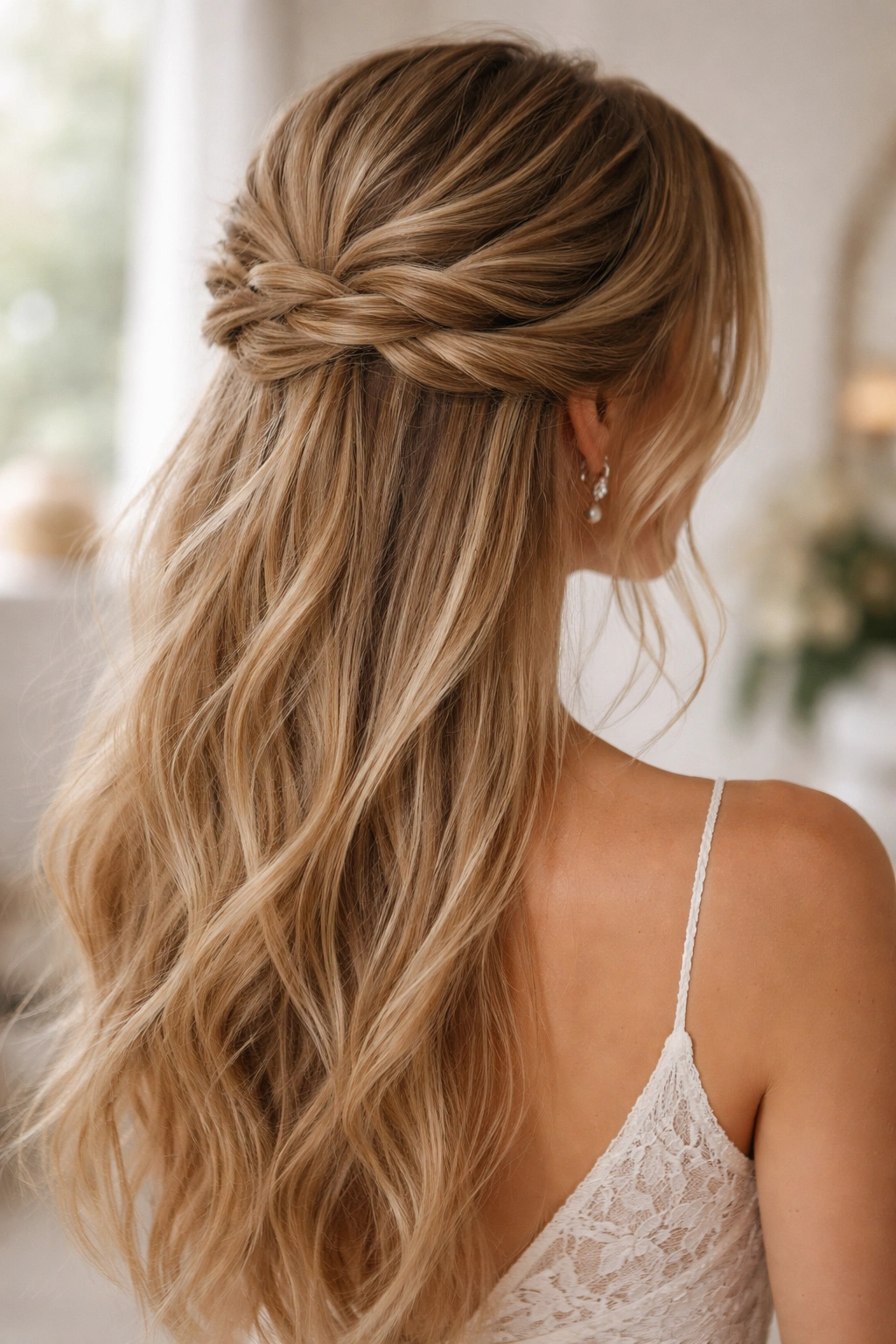 Asymmetrical loose twists on straight hair in a bohemian wedding style