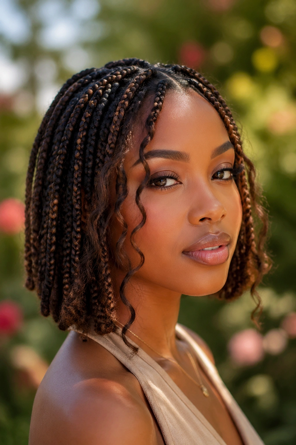 Boho bob-length box braids with loose curls on a real person outdoors