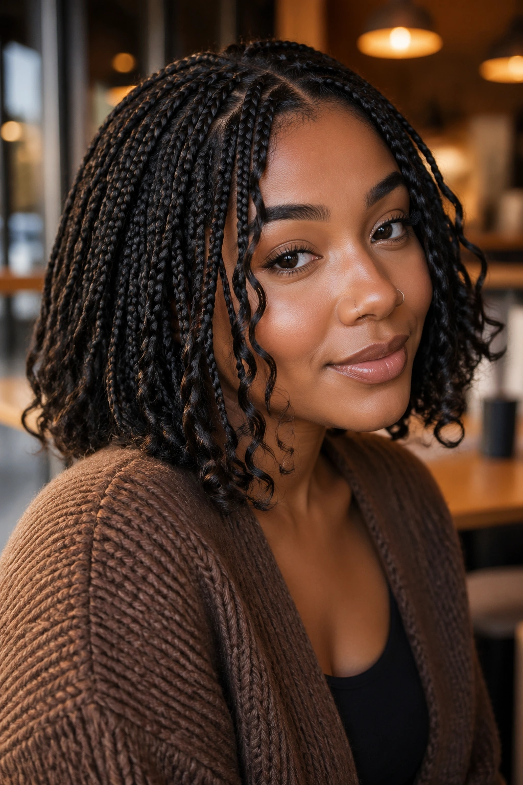 Close-up of a real woman with bob-length boho box braids in cafe light