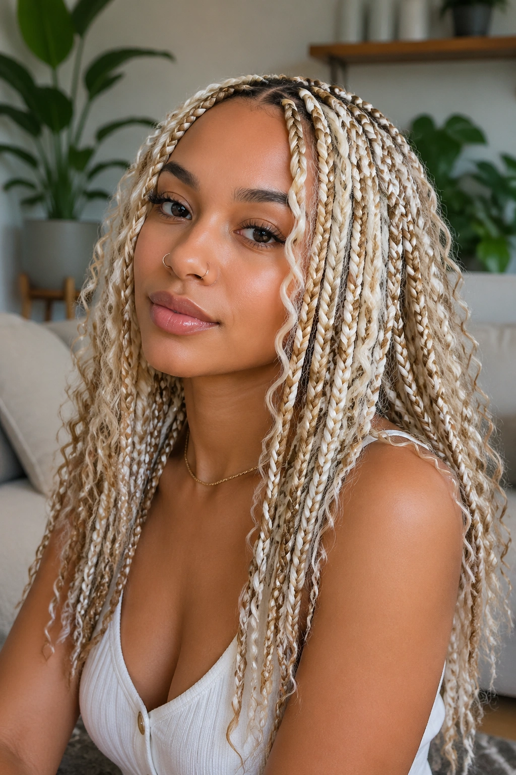 Close-up of a real woman wearing boho blonde and white box braids with loose curls