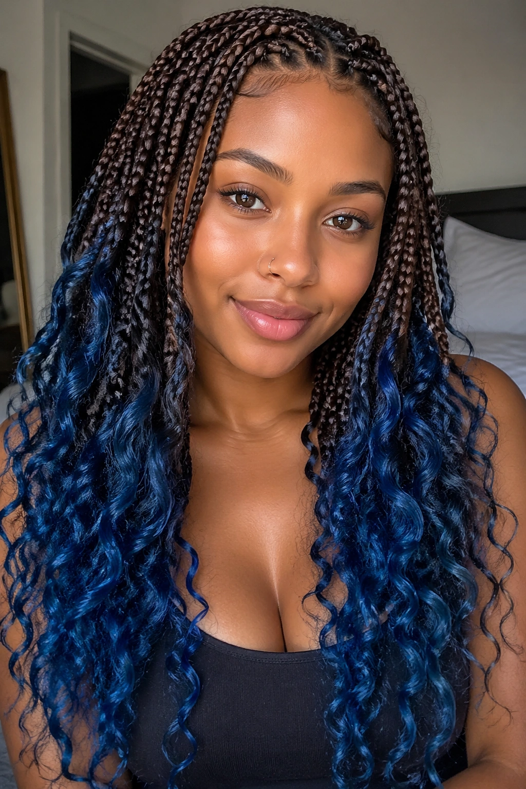 Close-up portrait of a real person with blue-tipped boho box braids and brown roots