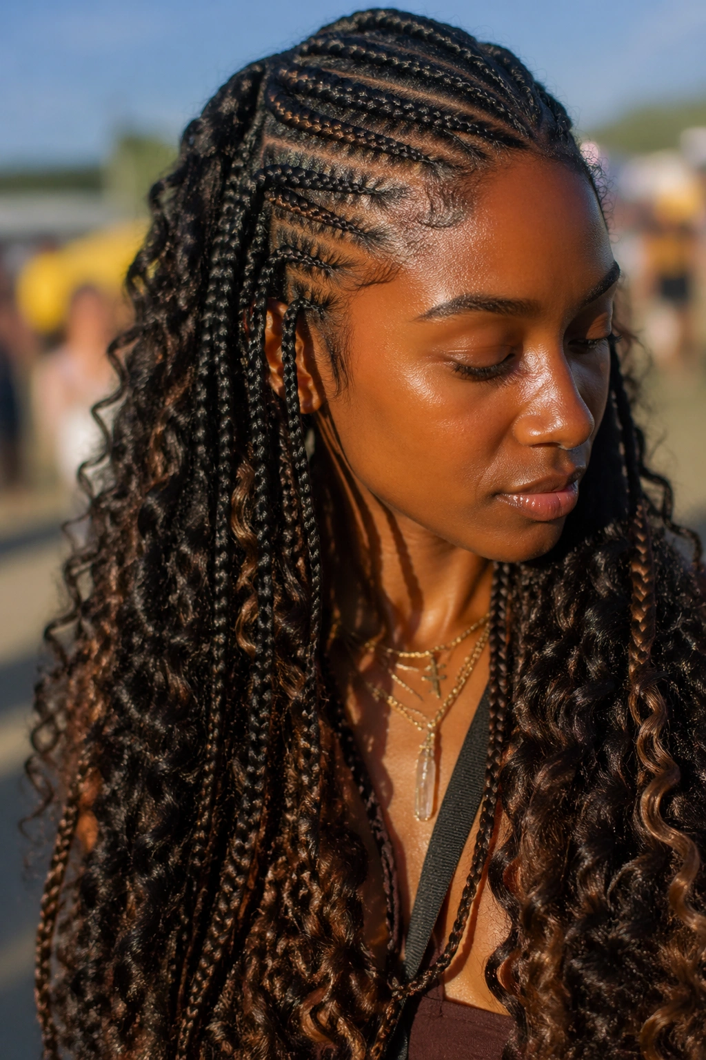 Close-up of real person with boho curly box braids in outdoor golden-hour light