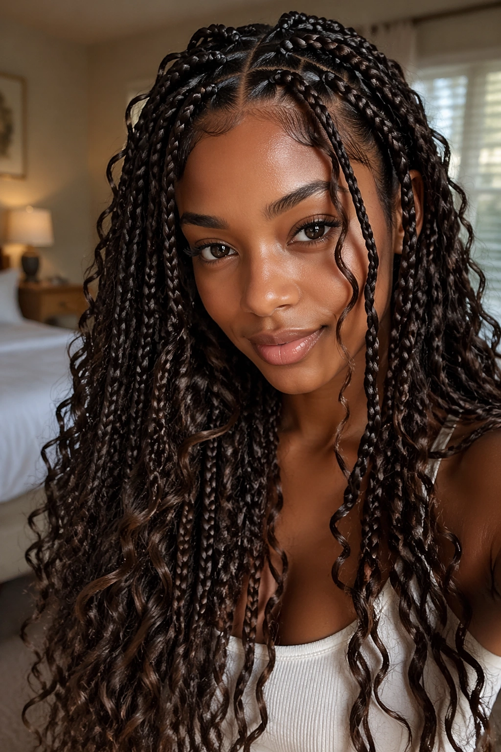 Close-up of real woman with boho box braids and loose curls in a softly lit bedroom