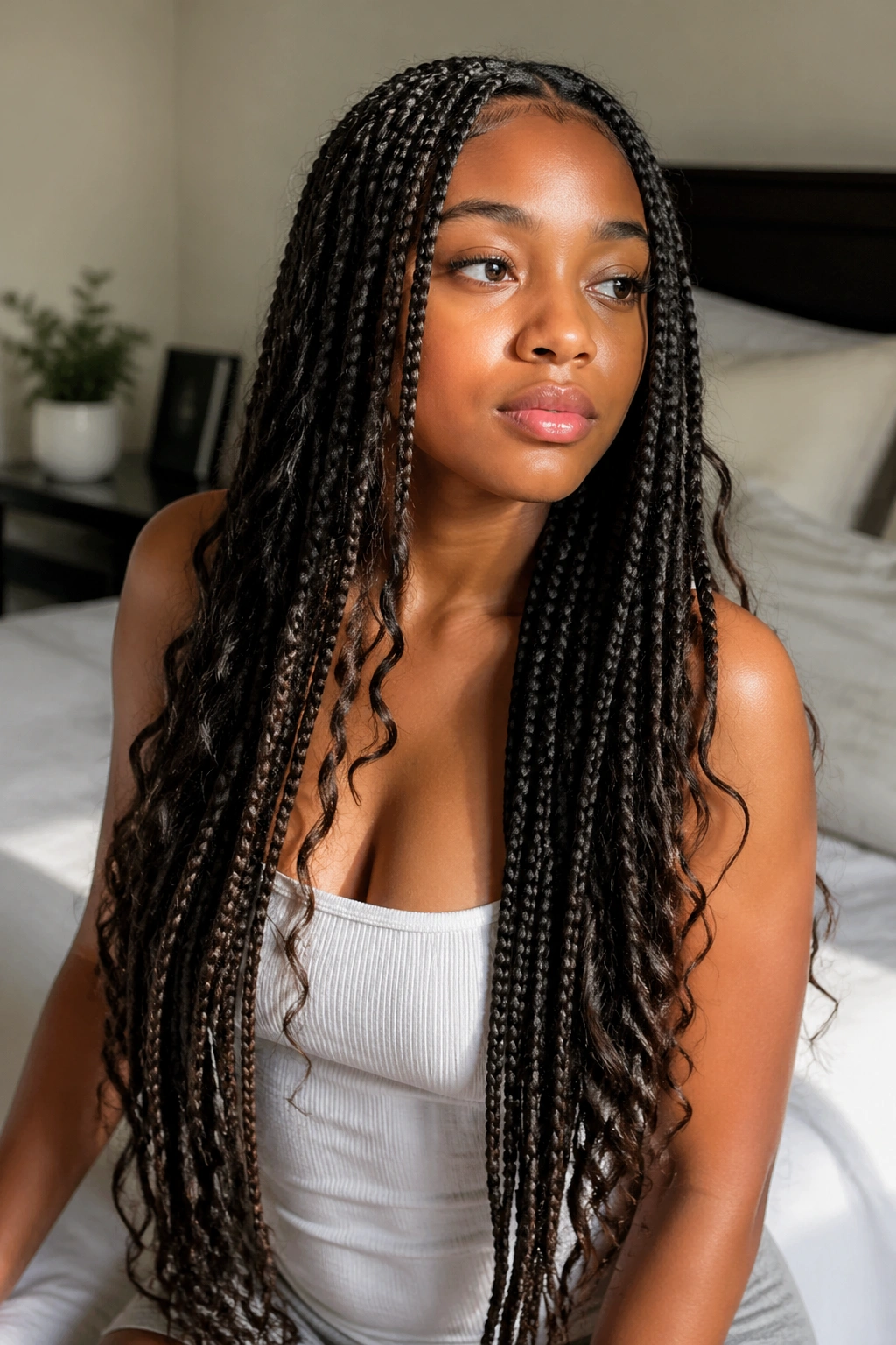 Close-up of waist-length boho box braids with soft curls on a real woman