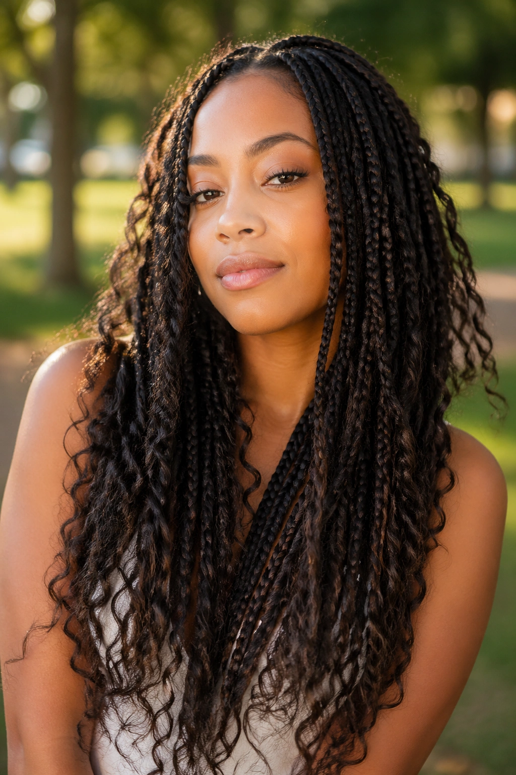 Close-up portrait of a real woman with boho box braids and loose curls in a park setting