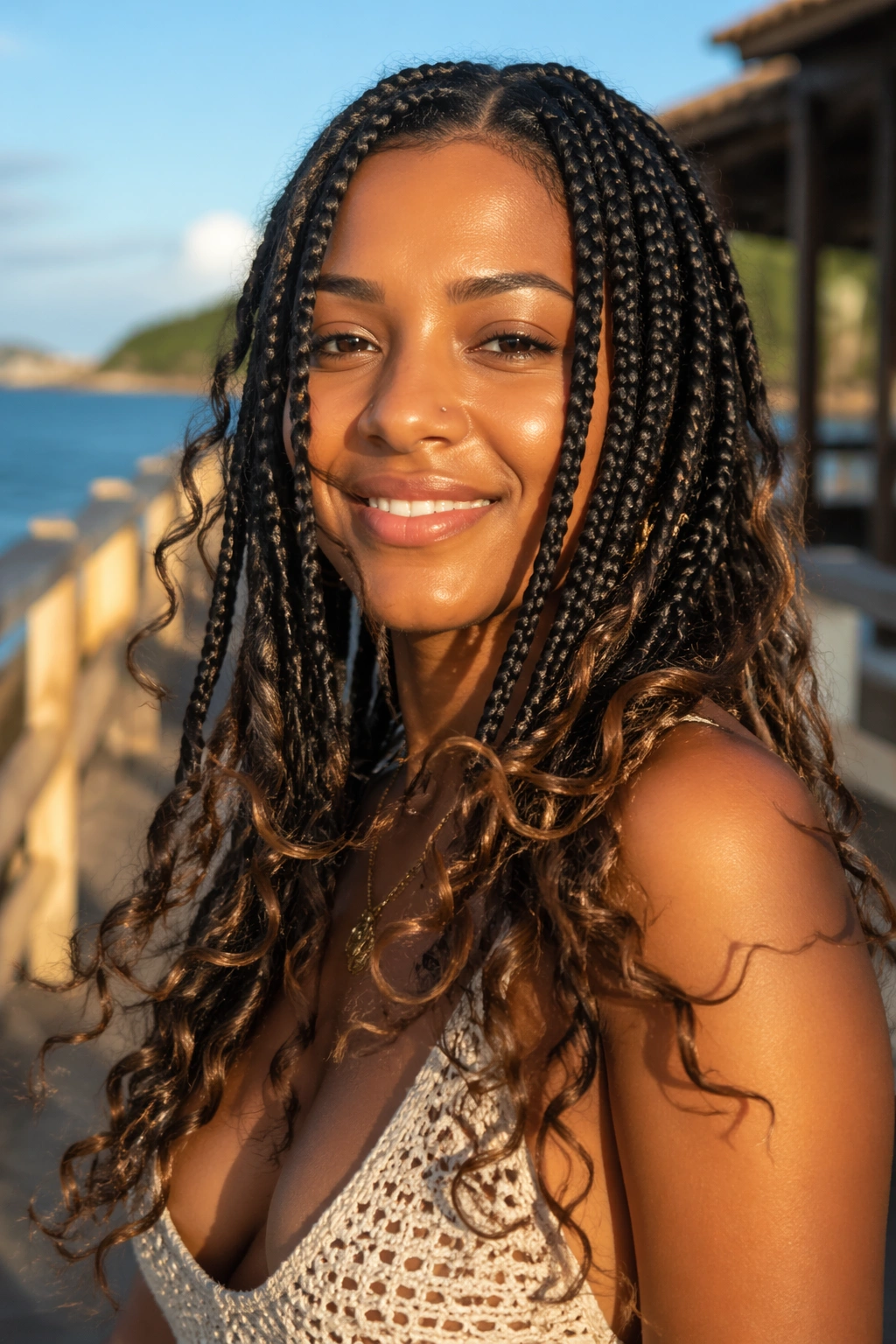 Close-up of a real woman with boho box braids and curly ends at the beach in golden hour light