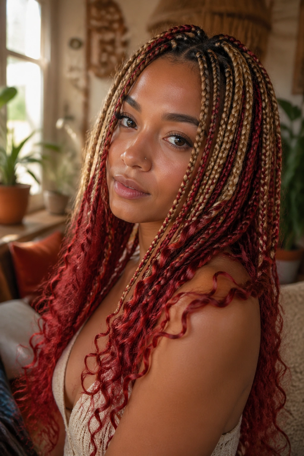 Real woman with boho box braids and curly red ends.