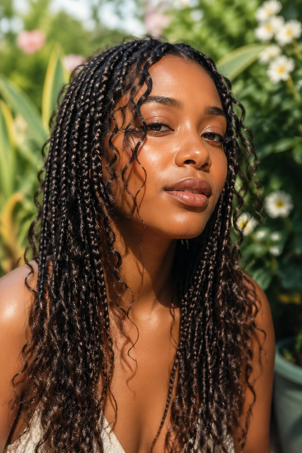 Close-up of a real person with boho box braids and face-framing curls in a sunlit garden.