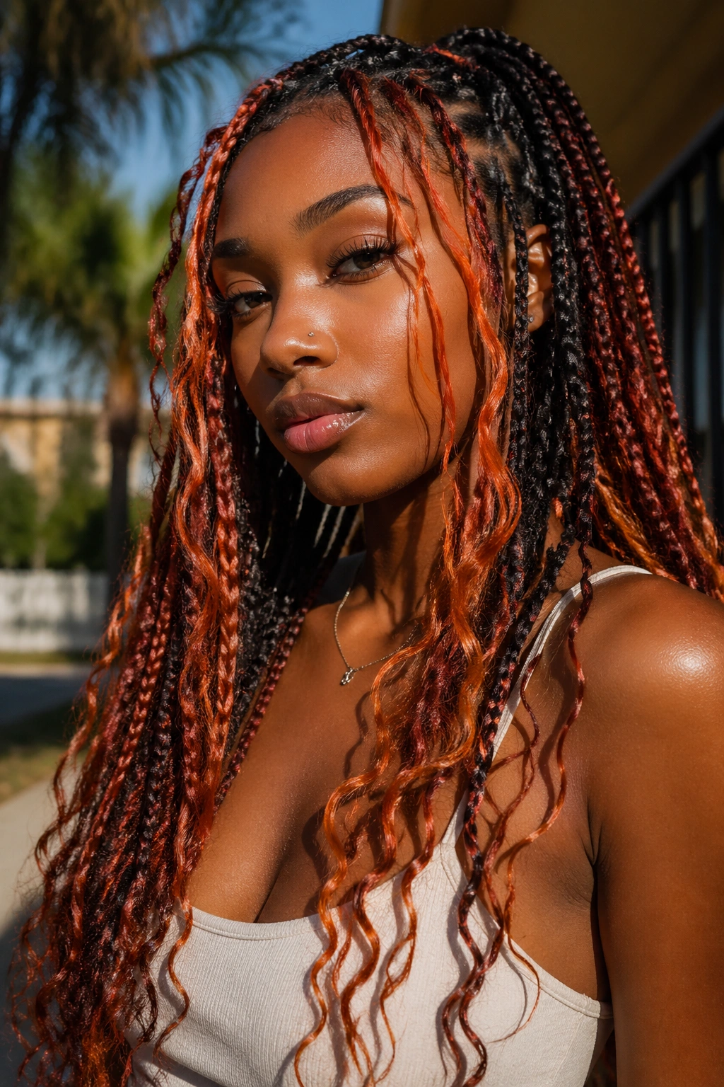 Close-up portrait of a real person with boho box braids and flame face-framing pieces outdoors.