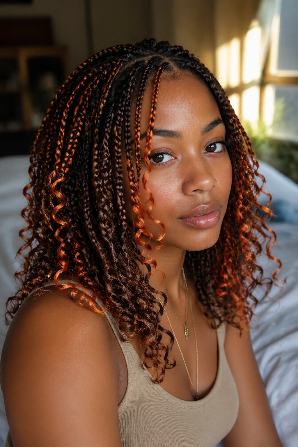 Close-up portrait of a woman with brown base box braids and orange curly strands