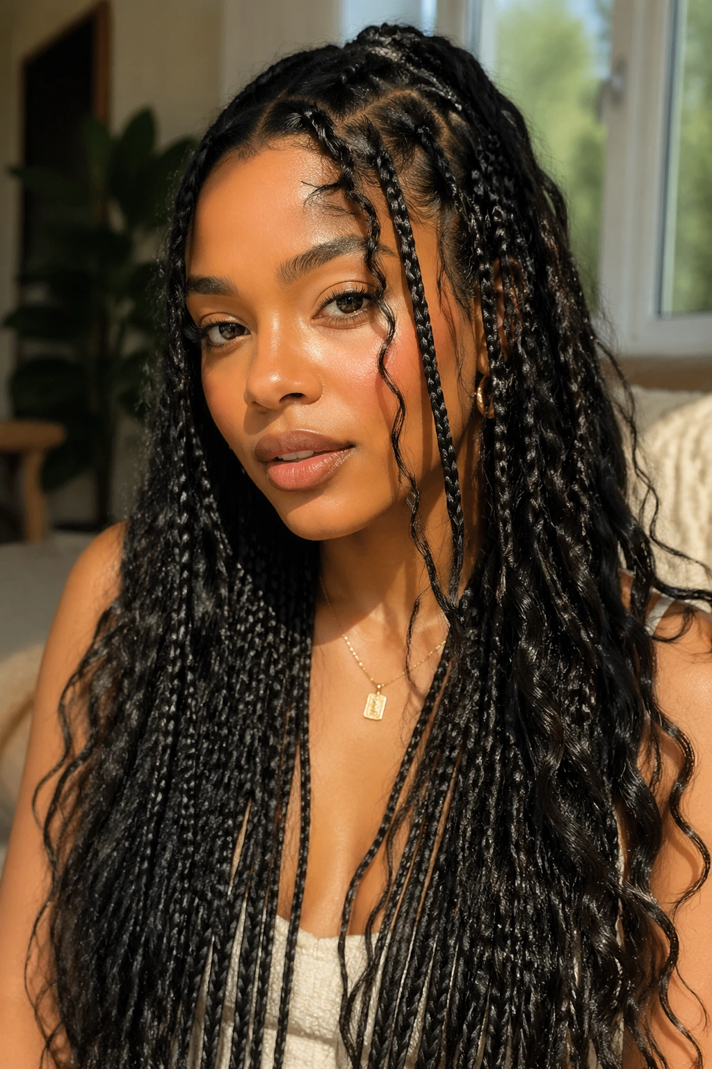 Close-up portrait of a real woman with loose textured boho box braids and face-framing pieces