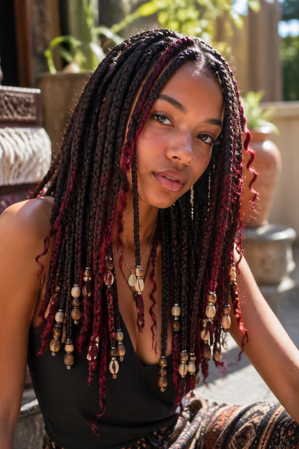 Close-up of a real person with boho box braids containing red curly pieces and mixed beads
