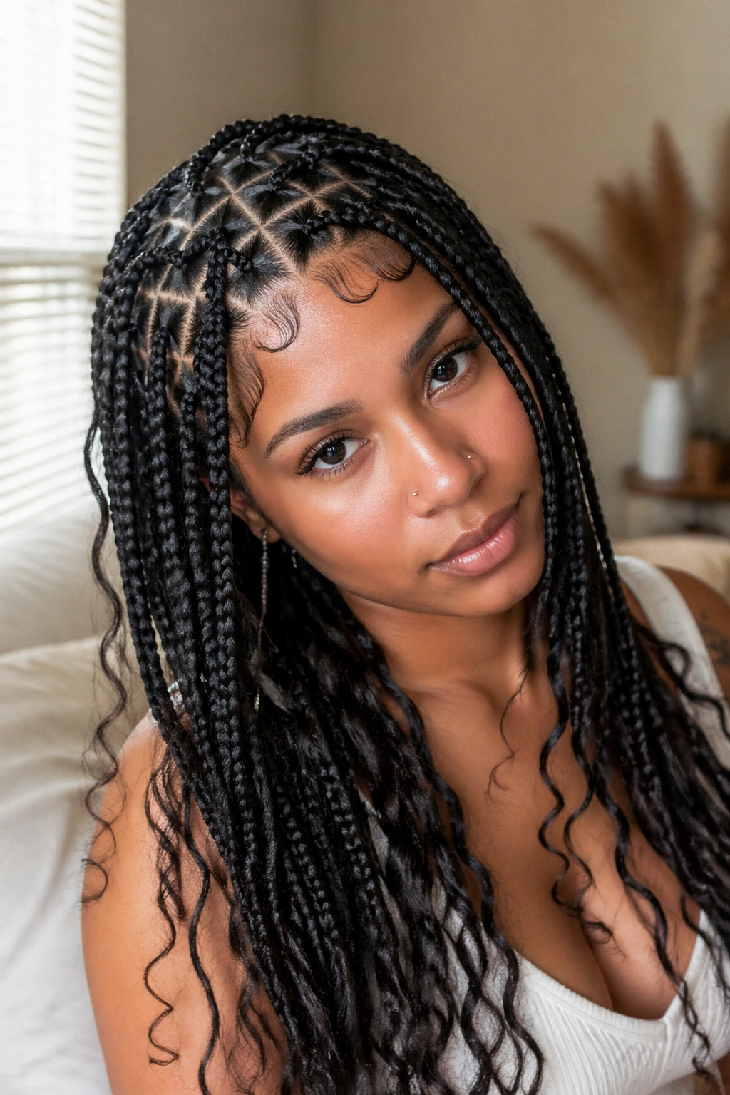 Close-up portrait of a real woman with boho box braids featuring star corners and loose curly ends in warm window light
