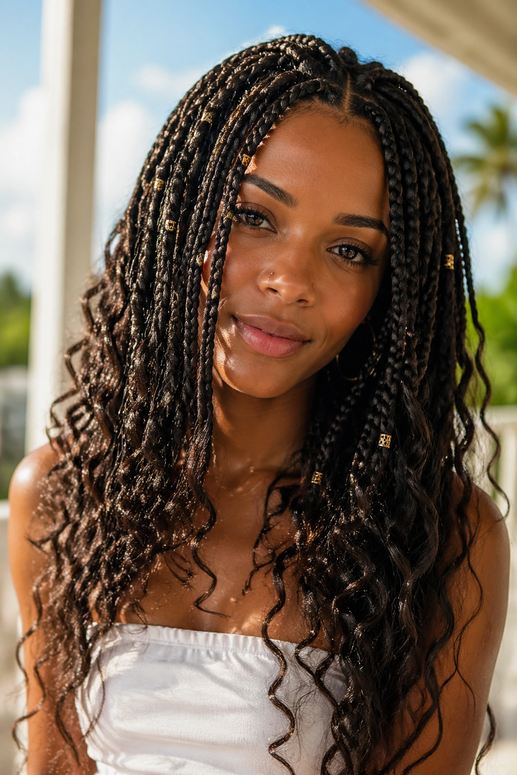 Close-up of real woman with boho box braids and wavy ends in sunny outdoor light.