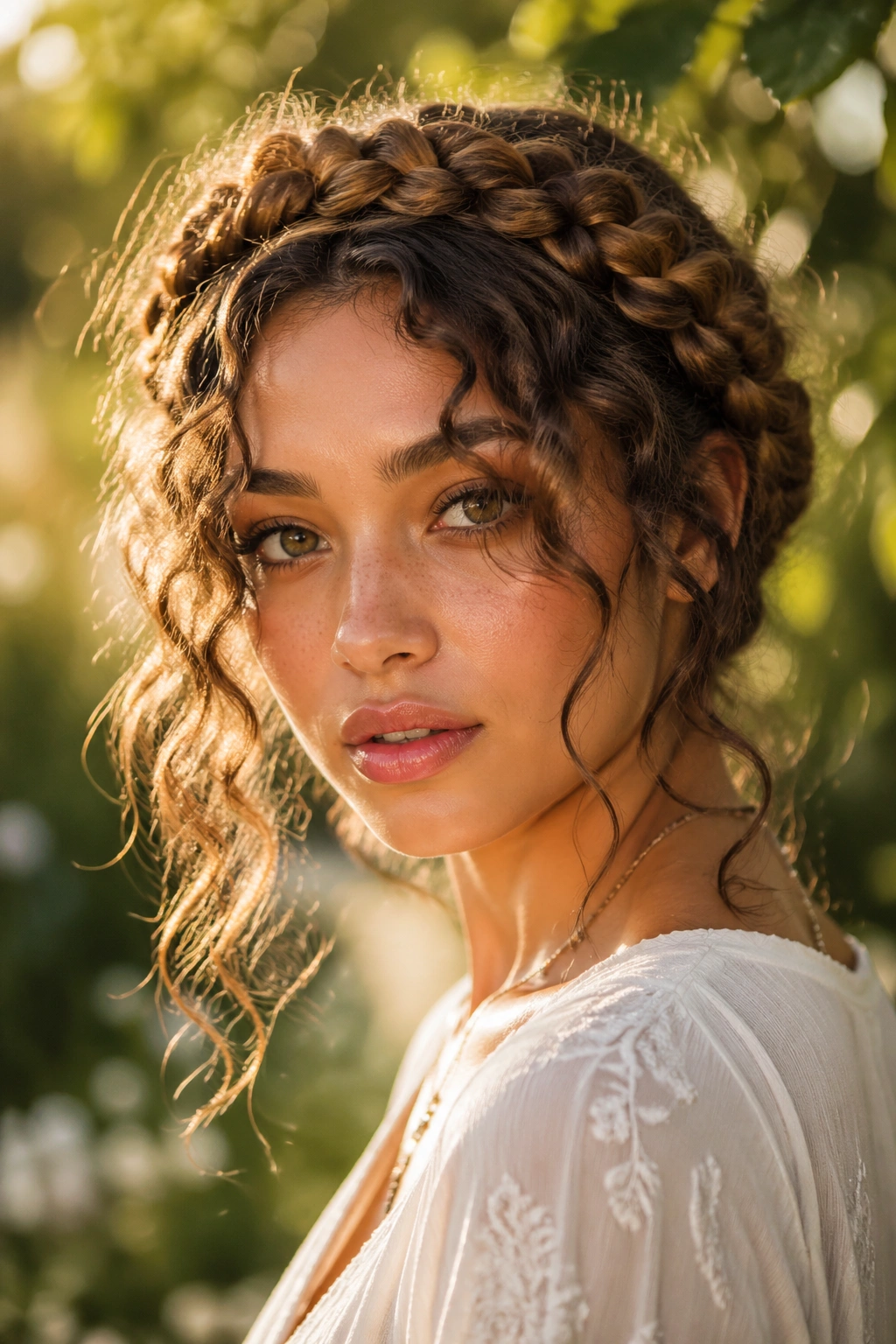 Close-up of a real woman with a boho crown braid and curls escaping.