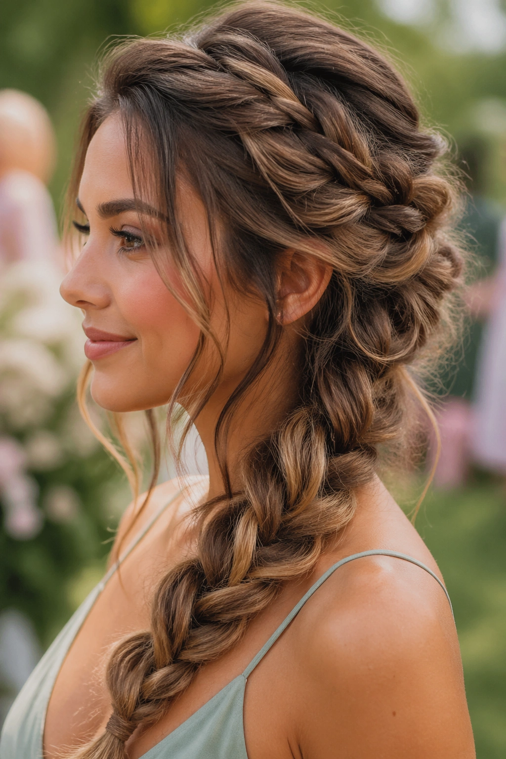 Real woman with a loose boho braid in outdoor garden light