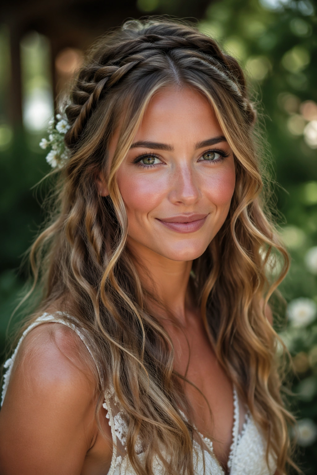 Bride with boho braids and loose waves half-up in garden light