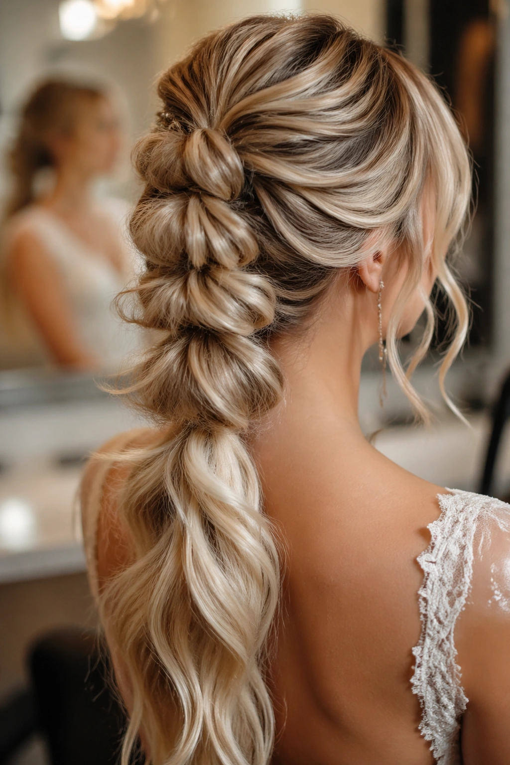 Close-up of boho pull-through braid in a salon chair