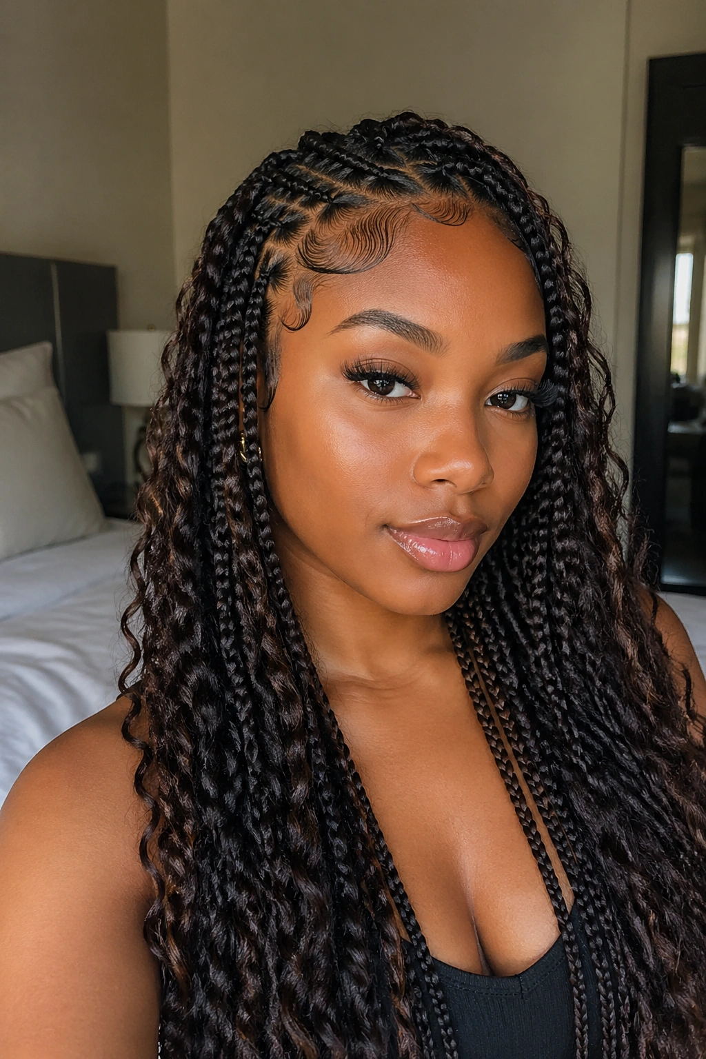 Real woman with boho box braids and sleek baby hairs along the hairline.