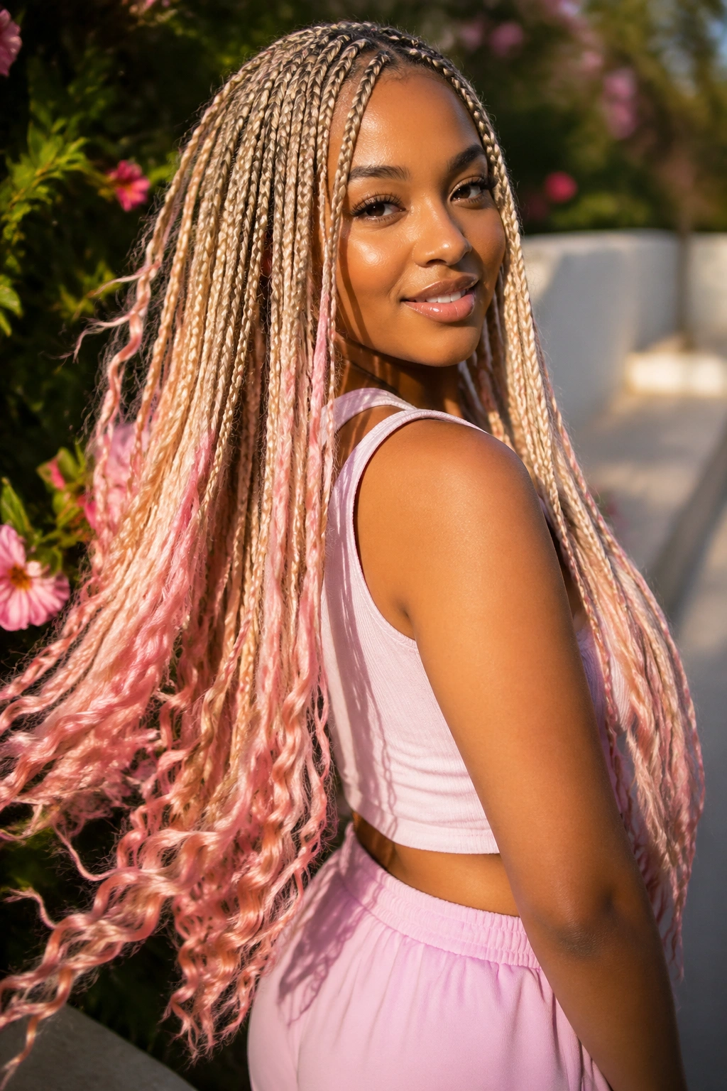 Portrait of real woman with waist-length boho blonde and pink box braids