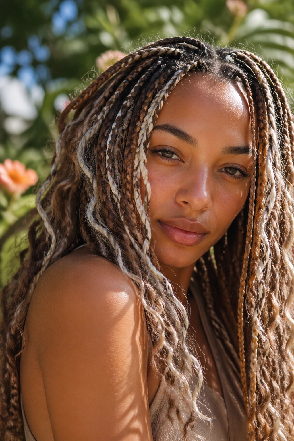 Close-up portrait of a real woman with tousled boho brown and white braids