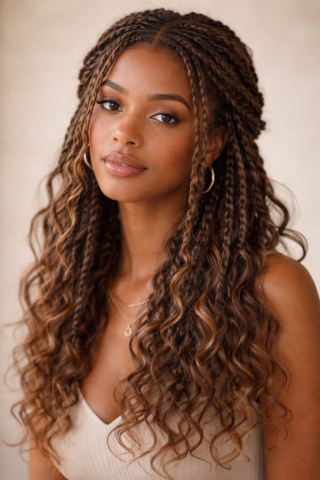 Full head boho braids with soft curly pieces and textured ends