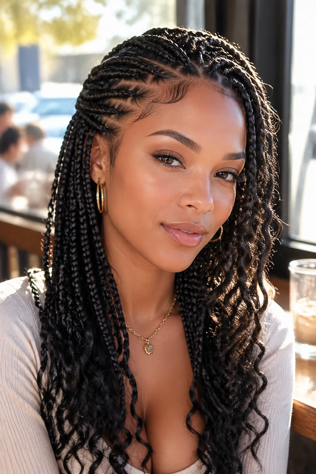 Close-up of a real woman with boho lemonade box braids and loose curls