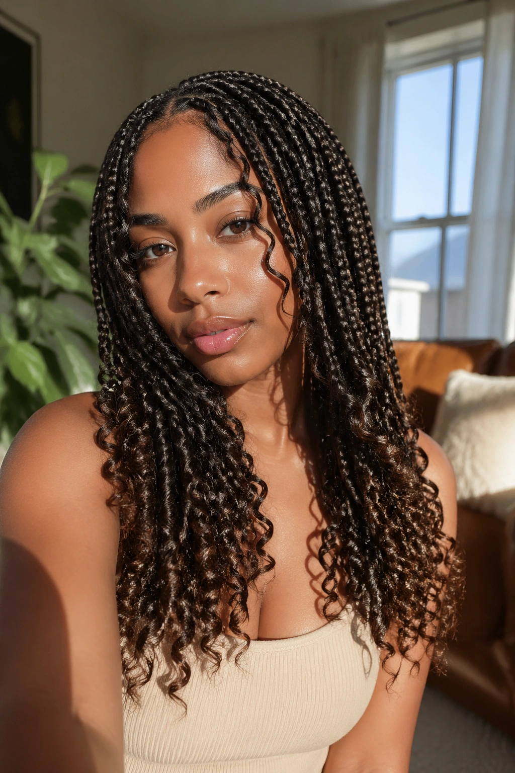 Close-up of a real woman with curly-end-heavy boho box braids featuring curled lower ends.